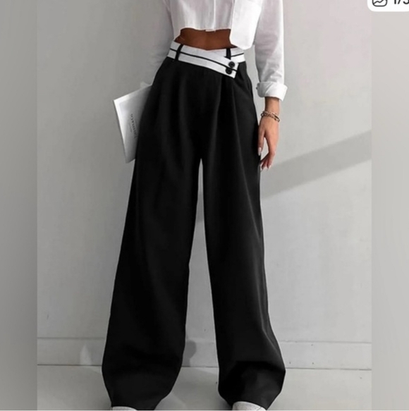 Commense Pants - Commense Trousers Womens Black Wide Leg Pleated  High Waist White Belted
